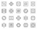 Micro chip cpu simple black line icons vector set
