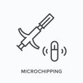Microchipping flat line icon. Vector outline illustration of injector and chip. Black thin linear pictogram for vet