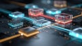 Microchips processing data on futuristic circuit board with glowing connections Royalty Free Stock Photo