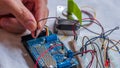 Microcontroller build closeup showing components, board and shield Royalty Free Stock Photo