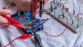 Microcontroller build closeup showing components, board and shield Royalty Free Stock Photo