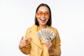 Microcredit and money concept. Stylish asian young woman in sunglasses, laughing happy, holding dollars cash, standing Royalty Free Stock Photo