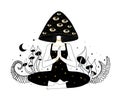 Microdose of mushrooms, psychedelic tattoo, many-eyed mushroom woman meditating. Trippy Halloween illustration, witch