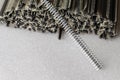 Microelectronics Concepts. Macro Shot of Long Straight PCB Connectors or Terminal Blocks Placed Bulk Over White
