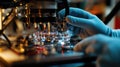 Microelectronics engineer placing microchip on automated production line