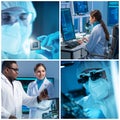 Microelectronics engineers work in a modern scientific laboratory on computing systems and microprocessors. Professional Royalty Free Stock Photo