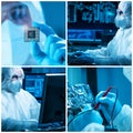 Microelectronics engineers work in a modern scientific laboratory on computing systems and microprocessors. Professional Royalty Free Stock Photo
