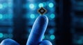 Microelectronics manufacturer advanced microchip technology concept showing gloved finger holding tiny processor with gold pins Royalty Free Stock Photo