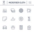 Microfiber cloth properties flat line icons. Absorbing material, dust cleaning, washable, antibacterial, clean detergent