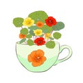 Microgreen and edible nasturtium flowers in a cup.