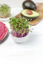 Microgreen kress, pink radish sprouts, beetroot pancakes, avocado on white wooden background, copy space