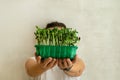 Microgreen sunflower sprouts in female hands. Raw sprouts microgreens, ealthy eating.