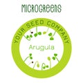 Microgreens Arugula. Seed packaging design, round element