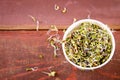 Microgreens assortment in paper cup. Healthy Green Salad with fresh raw sprouts