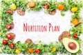 Microgreens frame with cherry tomatoes, seeds and nuts crackers and avocado with Nutrition Plan wording. Superfood snack Royalty Free Stock Photo