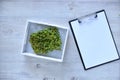 Microgreens growing background with microgreen sprouts on the table with a tablet to record and place for text. Seed Germination Royalty Free Stock Photo