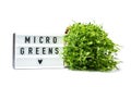 Microgreens isolated on white. micro greens for sale. Vitamins from nature. Vegan and healthy superfood delivery service Royalty Free Stock Photo