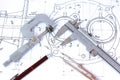 Micrometer, Caliper, Mechanical Pencil and Compass Royalty Free Stock Photo