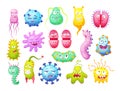 Microorganism, bacteria, microbes, cute germs, virus cell, bacillus with funny smiley faces. Viruses bacteria emoticon, microbe Royalty Free Stock Photo