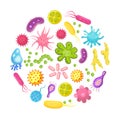 Microorganism, bacteria, virus cell, disease bacterium and fungi cells. Micro organism, diseases and viruses cartoon vector icons Royalty Free Stock Photo