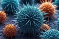 Microorganisms, germs that cause disease. Blue virus or bacteria cells with spikes under microscope Royalty Free Stock Photo