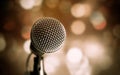 Microphone on abstract blurred of speech in seminar room or speaking conference hall light, Event concert bokeh background