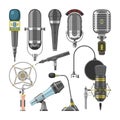 Microphone audio vector dictaphone and microphones for podcast broadcast or music record technology set of broadcasting Royalty Free Stock Photo