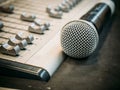 Microphone on the blur sound mixer background. Royalty Free Stock Photo