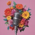 A microphone and a bouquet of flowers on a pink background. Royalty Free Stock Photo