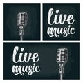 Microphone and calligraphic handwriting lettering live music. Vintage engraving