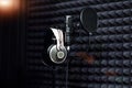 Microphone close - up on the background of a professional recording Studio. Workplace singers and musicians. Microphone stand and