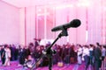 Microphone close up on Blurred many people, newspaperman, mass media seminar at Meeting room business big event hall Conference Royalty Free Stock Photo