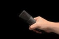 Microphone close up in hand, mic. Front view Royalty Free Stock Photo