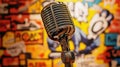 Microphone close-up, vibrant graffiti background, urban art, performance setting Royalty Free Stock Photo