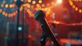 Microphone closeup, bokeh lights, intimate gig vibe , clean sharp focus