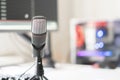 microphone and computer in the radio studio, recording speach live