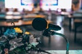 Microphone in conference hall interior. seminar room with empty seat. business event Royalty Free Stock Photo