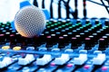 Microphone on console sound board mixer Royalty Free Stock Photo