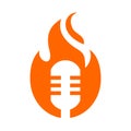 Microphone and fire flame logo template, burning mic icon
