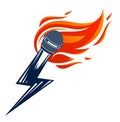 Microphone on fire and shape of lightning, hot mic in flames and bolt, breaking news concept, rap battle rhymes music, karaoke