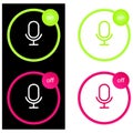 Microphone four color glass button ui ux icon. Glossy app icon logo vector. Set of vector icons on and off microphone. EPS 10 Royalty Free Stock Photo