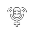 Microphone with gender female symbol, public speech line icon.