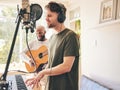 Microphone, guitar and friends singing with piano in home studio together. Electric keyboard, acoustic instrument and Royalty Free Stock Photo