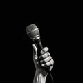 Microphone in hand on a black background, close-up. Royalty Free Stock Photo