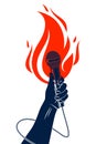 Microphone in hand on fire, hot mic in flames live show, rap battle rhymes music, concert festival or night club label, karaoke