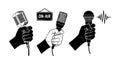 Microphone hand holding set broadcasting podcast recording interview sound equipment vector illustration Royalty Free Stock Photo