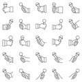 Microphone in hand outline icons set. Interview vector signs Royalty Free Stock Photo