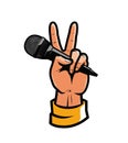 Microphone in hand. Pop art retro comic style. Reportage vector illustration