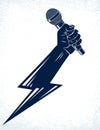 Microphone in hand in a shape of lightning, rap battle rhymes music, karaoke singing or standup comedy, vector logo or