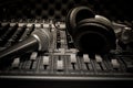 Microphone,headphone,sound mixer background.